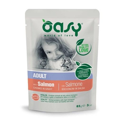 Oasy Adult vådfoder til kat – bidder i sovs med laks 85 g