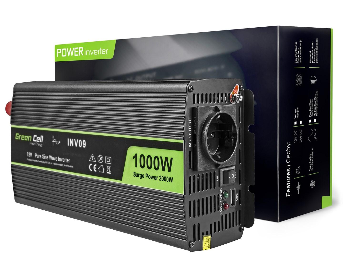Green Cell INV09 strømomformer 12 V til 230 V – ren sinus 1000 W (spids 2000 W) billede
