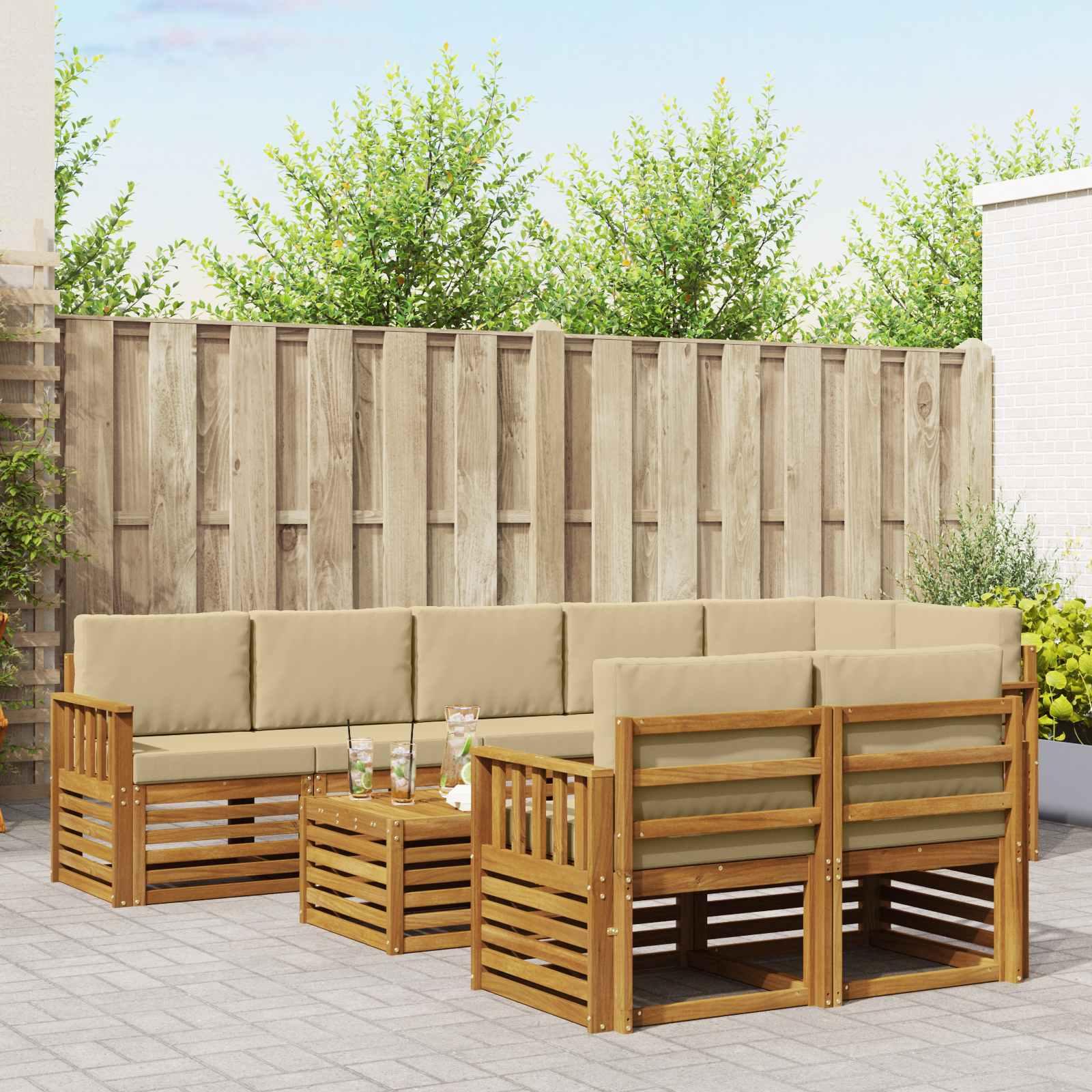 Sofasæt med pude 9 stk Naturlig og Beige Massivt Akacietræ