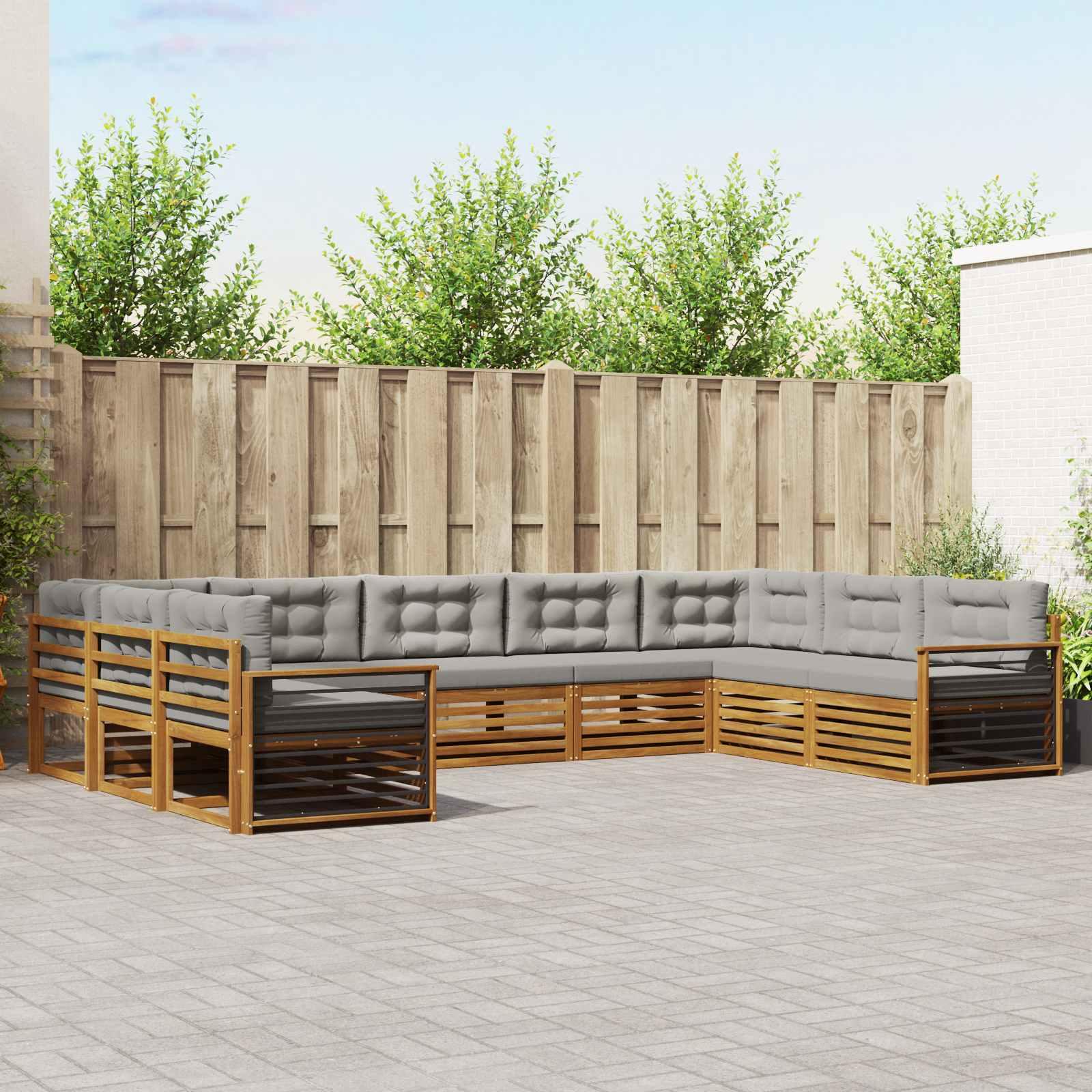 Udendørs sofagruppe - 9-delt loungesæt i massivt akacietræ, naturlig/lys grå