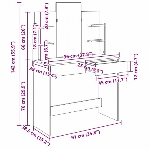 Makeupbord med spejl - sort eg, 96 × 39 × 142 cm, konstrueret træ