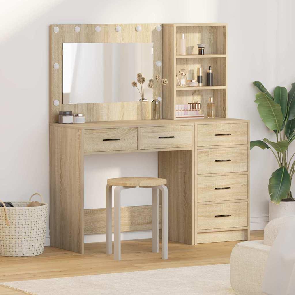 Makeupbord med skuffer og LED-lys - brun, 78,5 × 41 × 135 cm, konstrueret træ