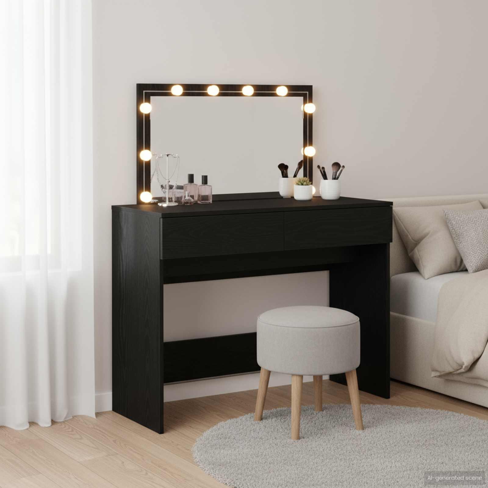 Sminkebord med spejl og LED-lys - sort eg, 100 × 40 × 120 cm, konstrueret træ