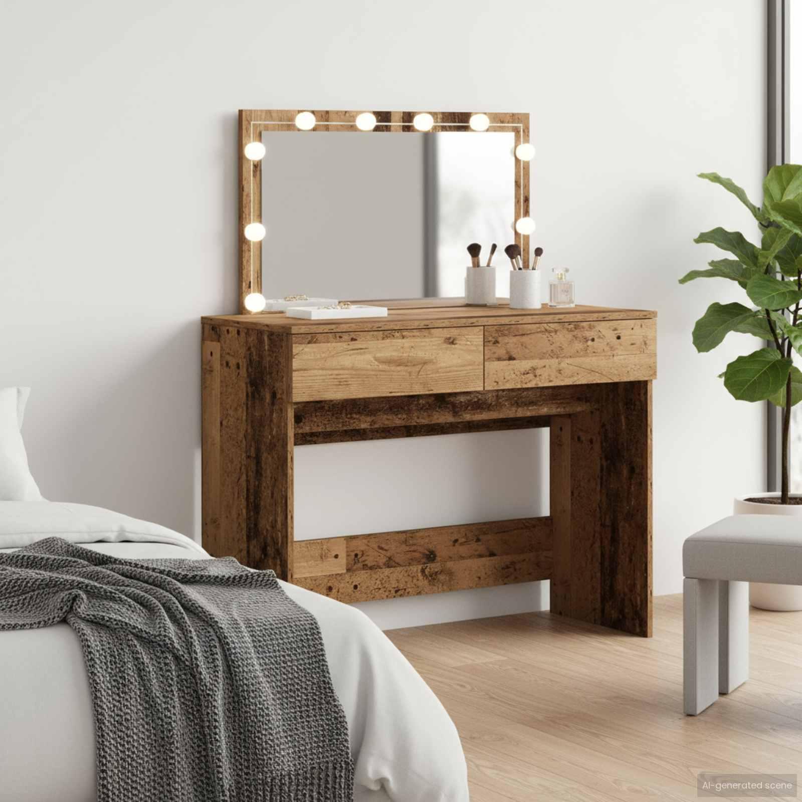Sminkebord med spejl og LED-lys - konstrueret træ, gammelt træ, 100 × 40 × 120 cm