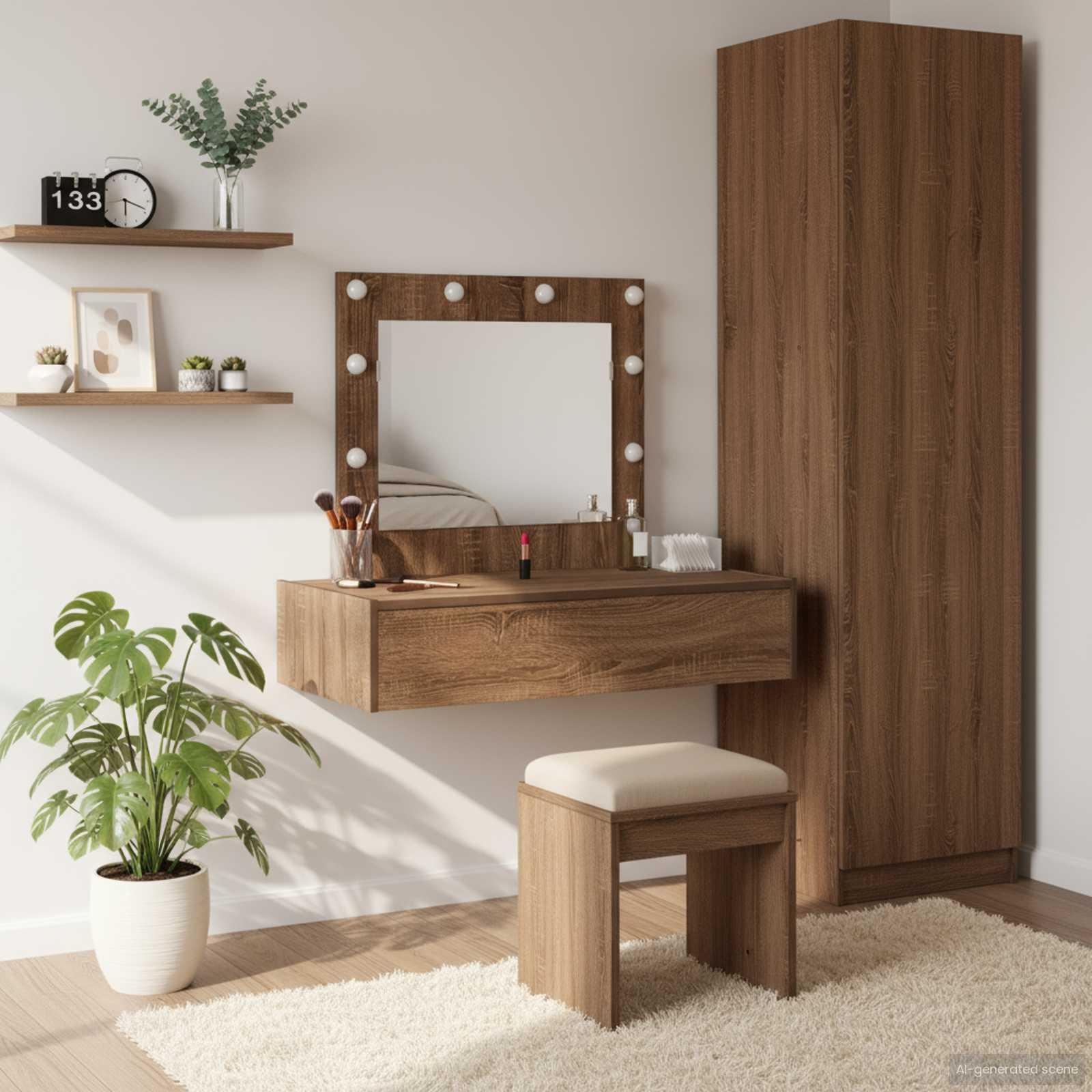 Makeupbord med spejllys - brun, 83 × 40 × 70 cm, konstrueret træ