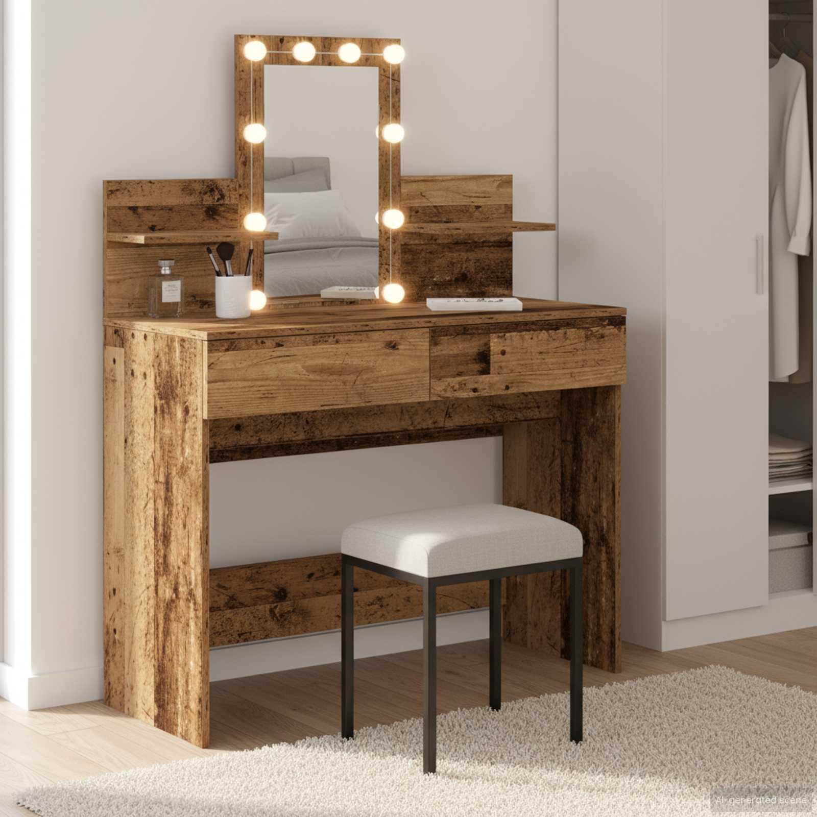 Makeupbord med LED-spejl - gammelt træ, 100 × 40 × 130 cm, konstrueret træ
