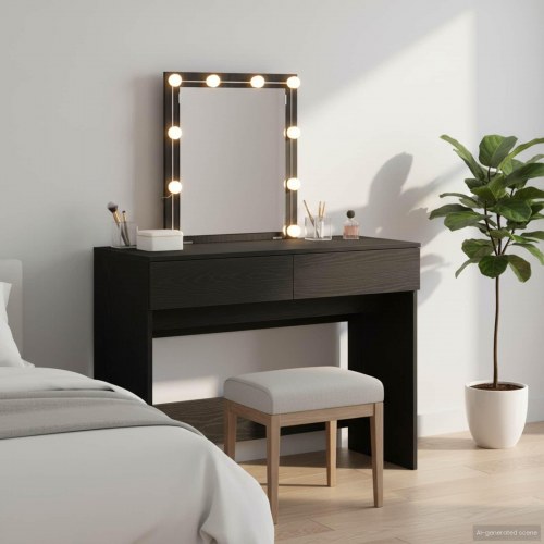 Makeupbord med LED-spejl - sort eg, 100 × 40 × 130 cm, konstrueret træ