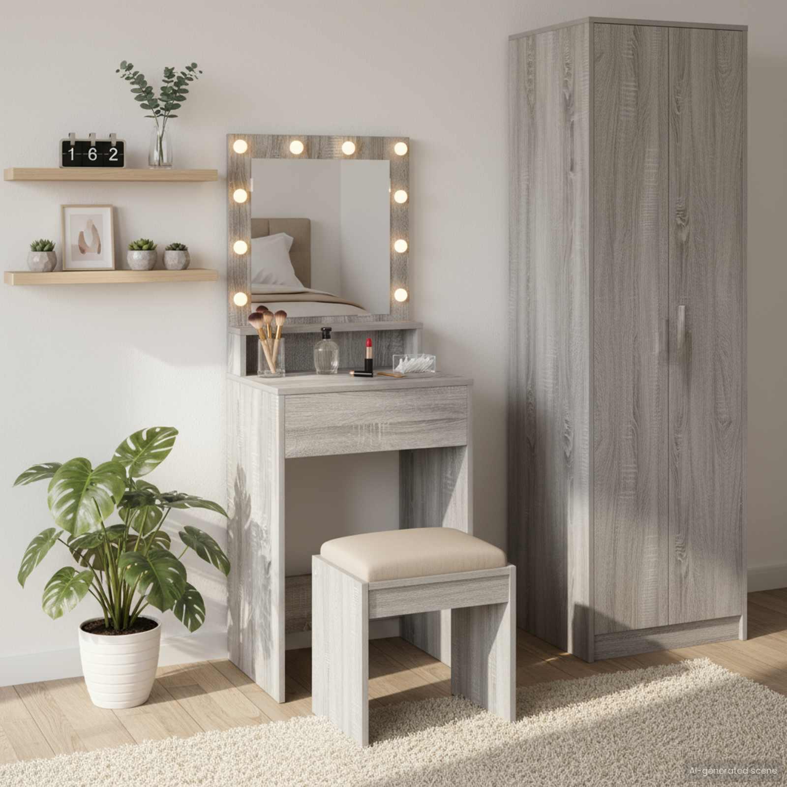 Makeupbord med spejl og LED-lys - grå sonoma, 50 × 41 × 135 cm, konstrueret træ