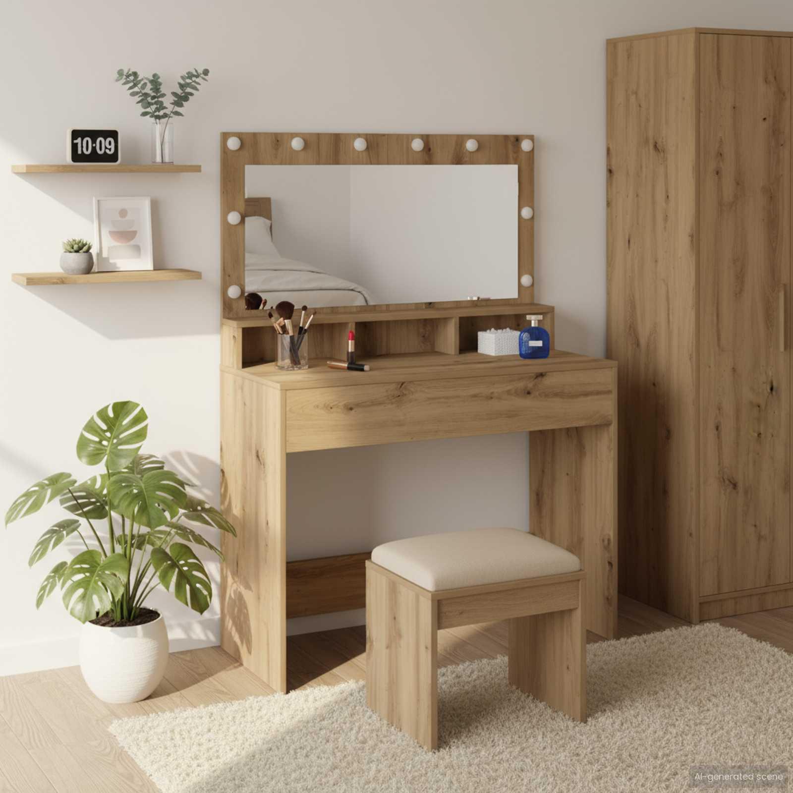 Makeupbord med spejl og LED-lys - artisan egetræ, 100 × 41 × 135 cm (konstrueret træ)