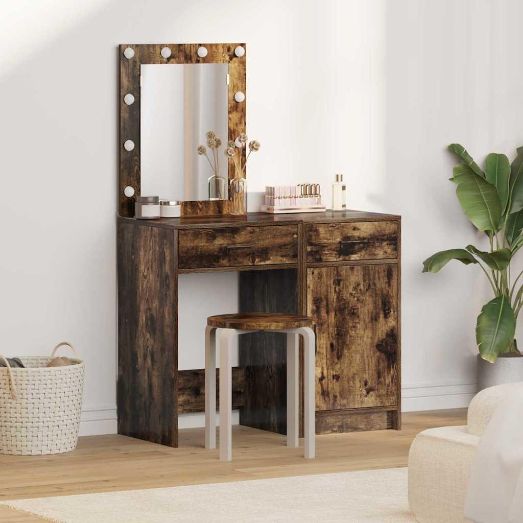Makeupbord med spejl og LED-lys - brun konstrueret træ, 50 × 41 × 135 cm, 2 stk