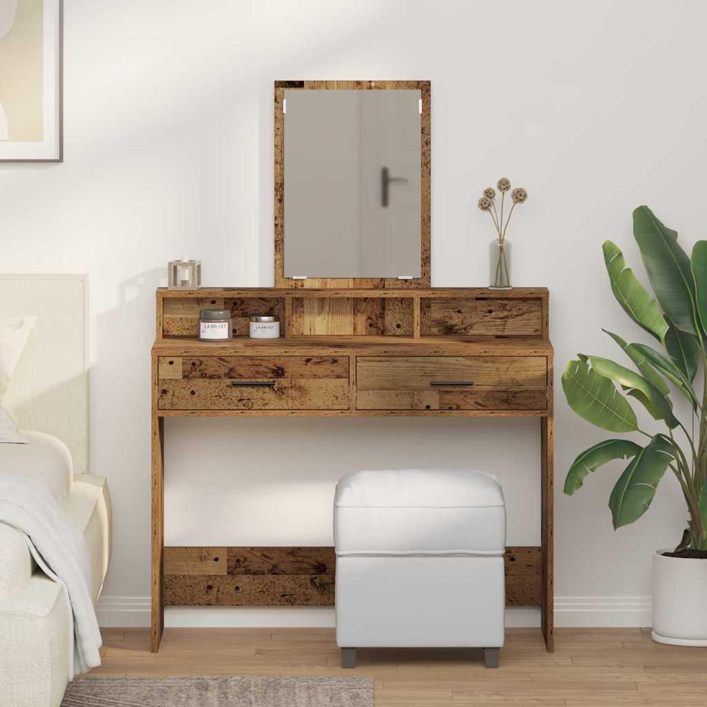 Sminkebord i konstrueret trÃ¦ - gammelt trÃ¦, 100 Ã 41 Ã 140 cm med spejl og 2 skuffer