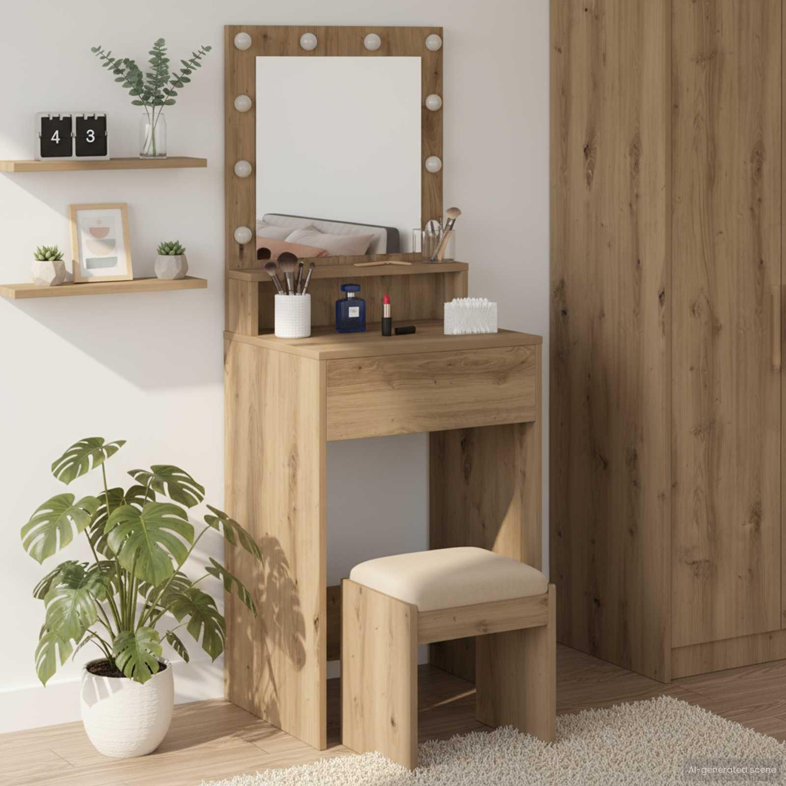 Makeupbord med spejl og LED - artisan egetræ, 50 × 41 × 135 cm