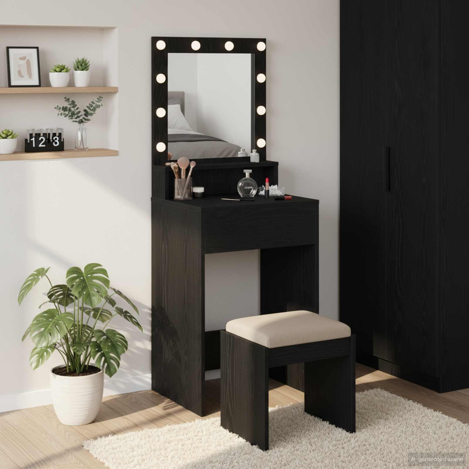 Makeupbord med hylde Sort eg 50 x 41 x 135 cm Konstrueret træ