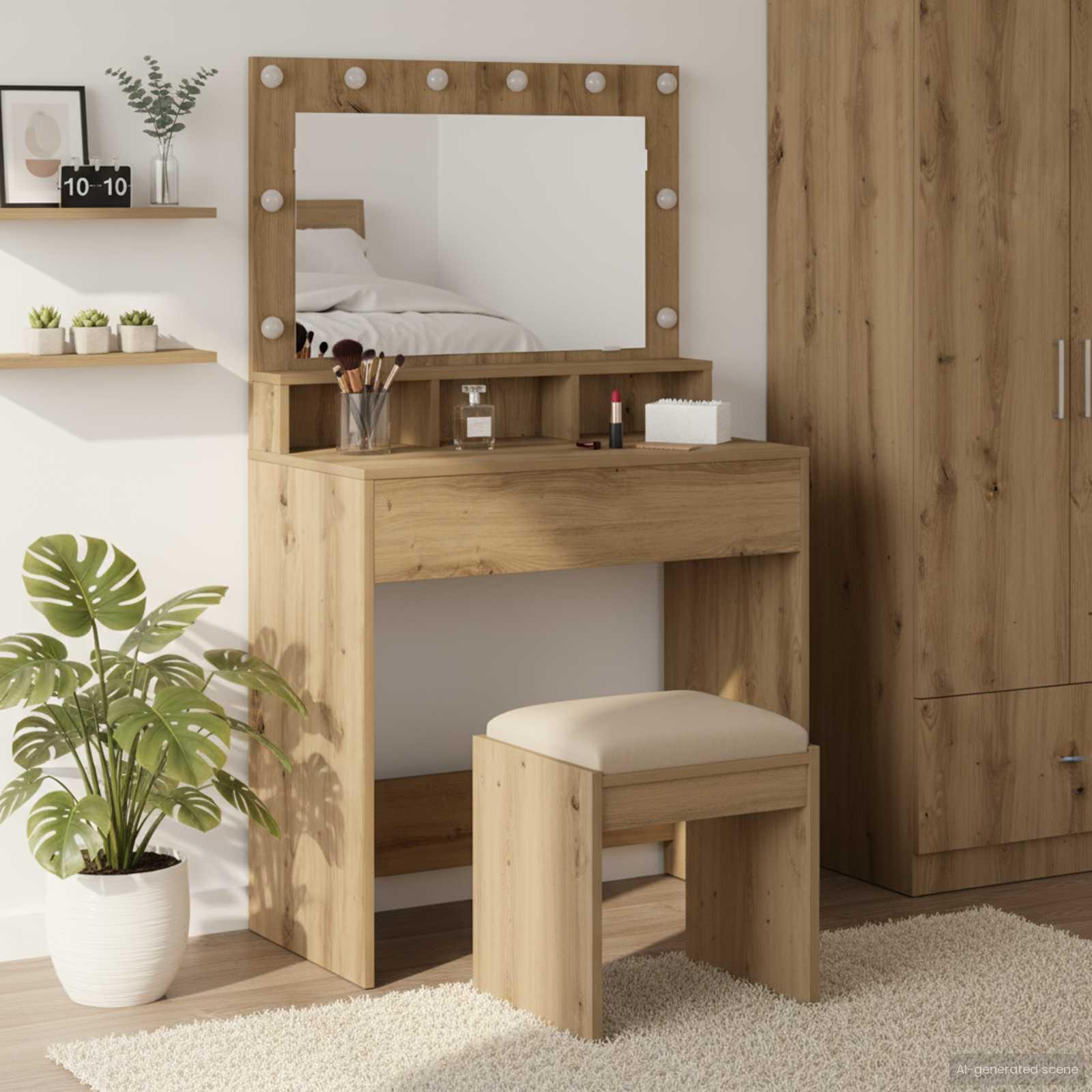 Makeupbord med spejl og LED - konstrueret træ, artisan egetræ, 75,5 × 41 × 135 cm