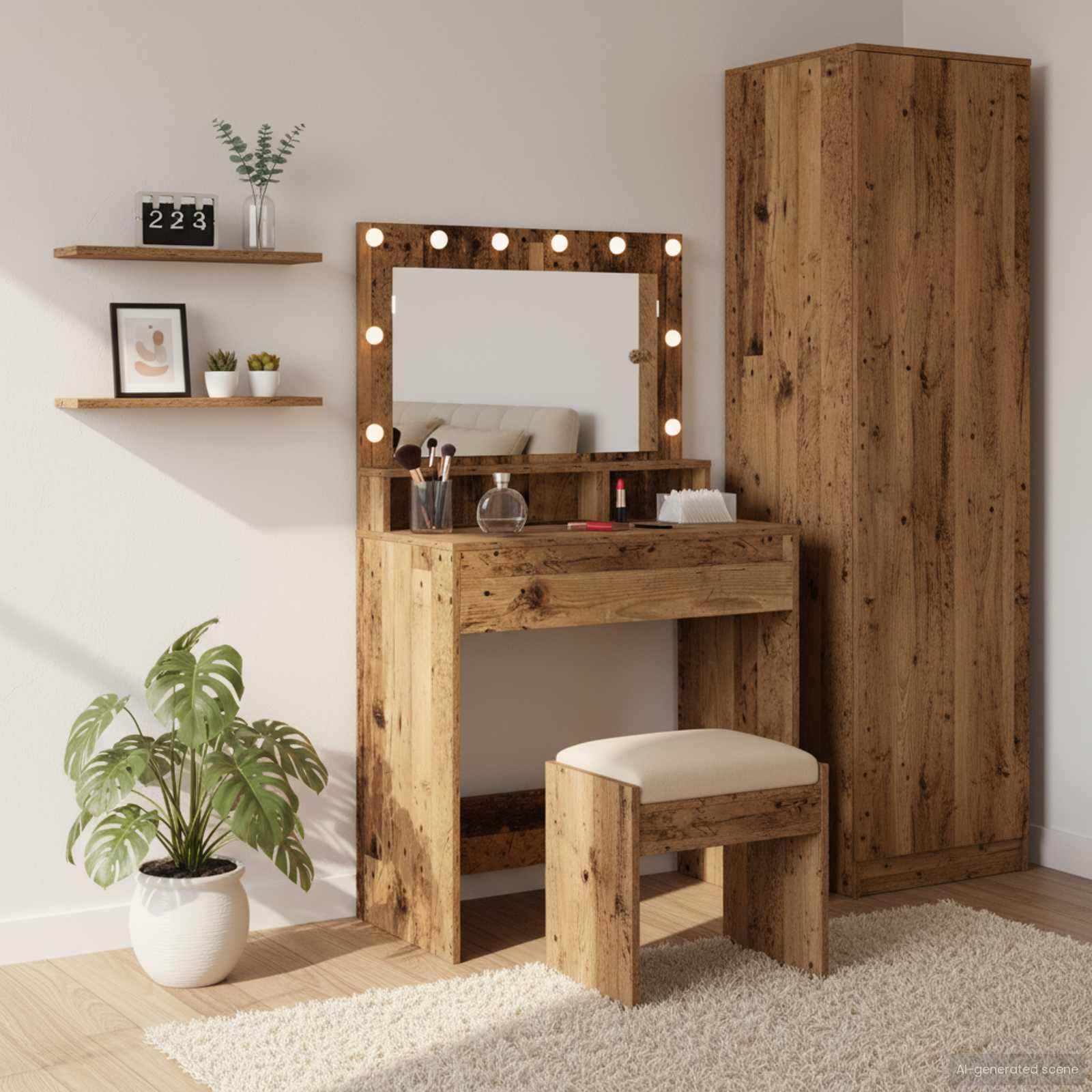 Makeupbord med spejl og LED - gammelt træ, 75,5 × 41 × 135 cm