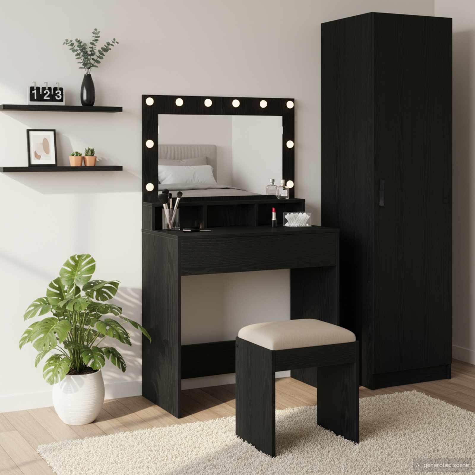 Makeupbord med hylde Sort eg 79 x 41 x 135 cm Konstrueret træ