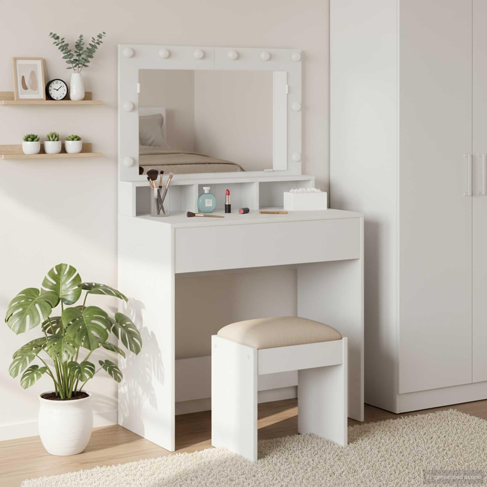 Makeupbord med hylde Hvid 79 x 41 x 135 cm Konstrueret træ