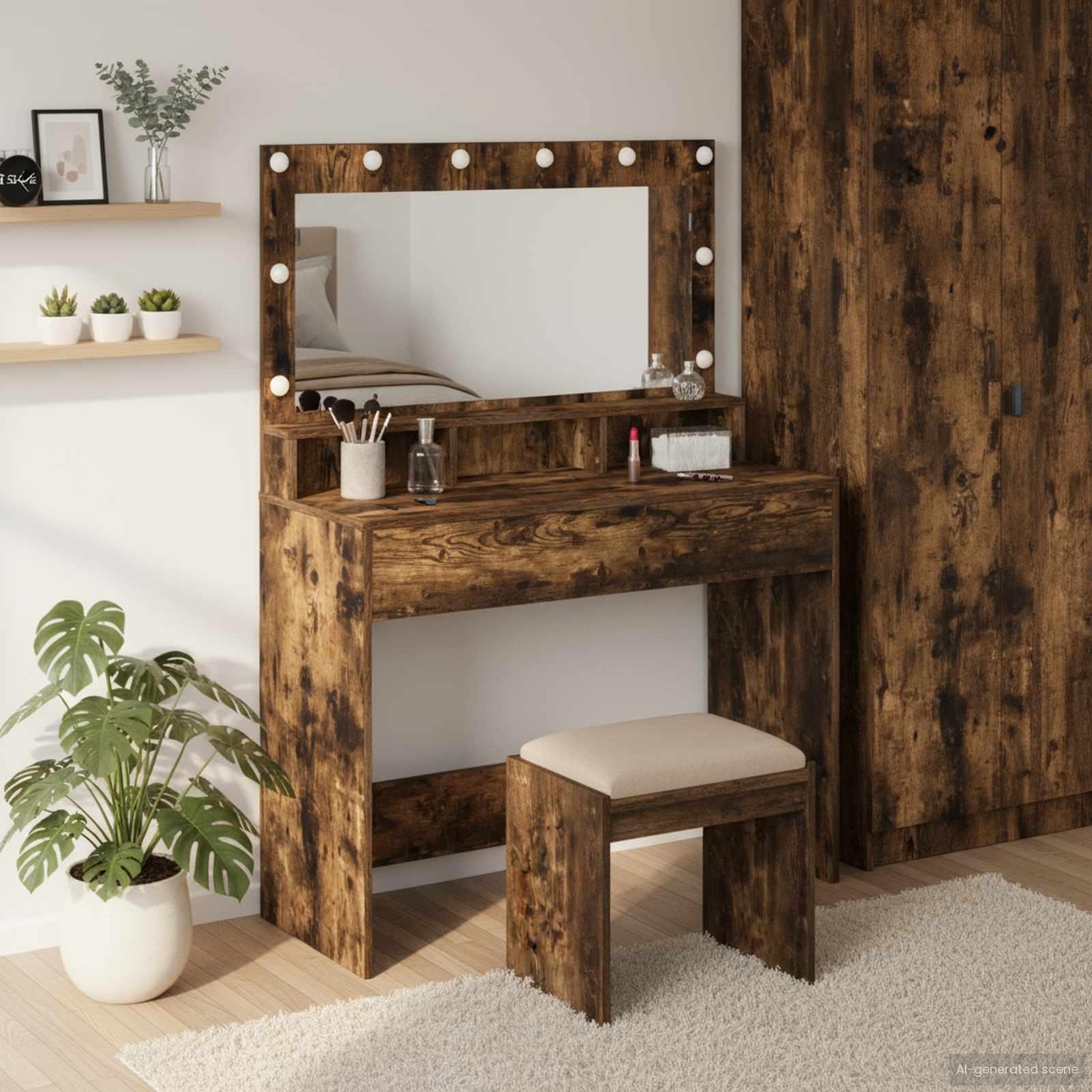 Makeupbord med hylde Røget eg 100 x 41 x 135 cm Konstrueret træ