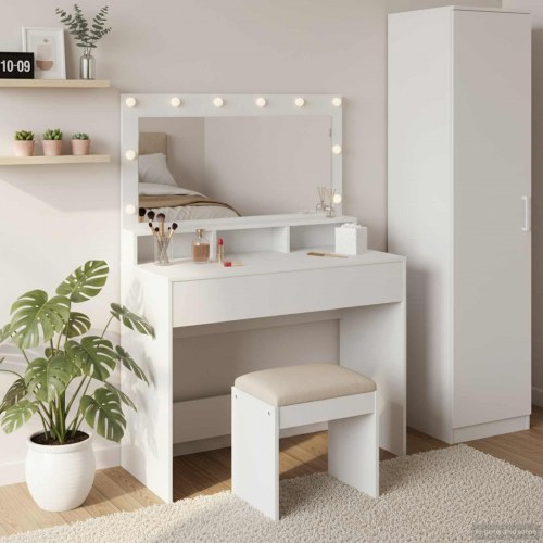 Makeupbord med hylde Hvid 100 x 41 x 135 cm Konstrueret træ