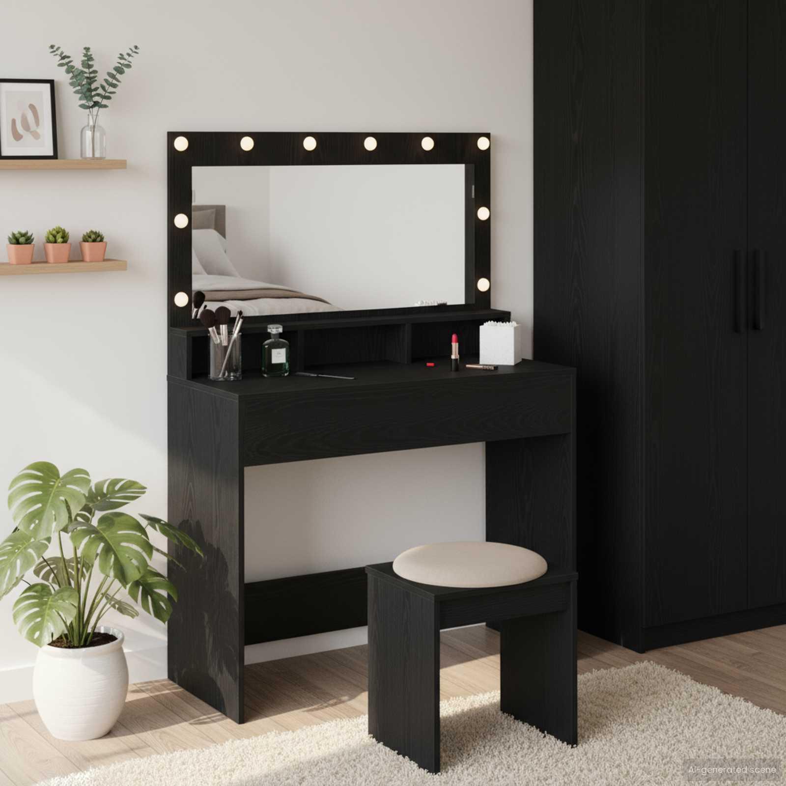 Makeupbord med hylde Sort eg 100 x 41 x 135 cm Konstrueret træ
