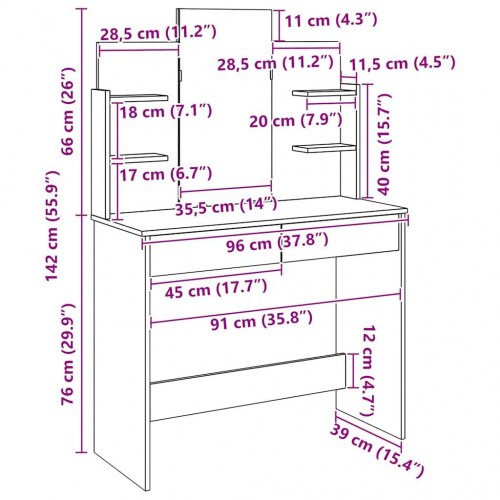 Makeupbord med spejl 96x39x142 cm - kunsteg