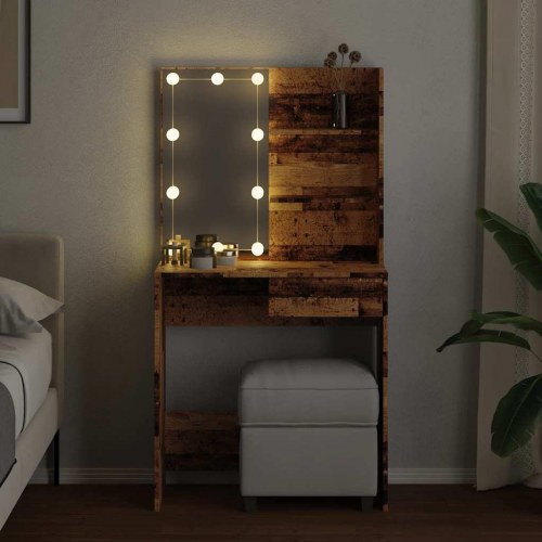Makeupbord med LED-lys 74,5×40×141 cm - gammelt træ-look