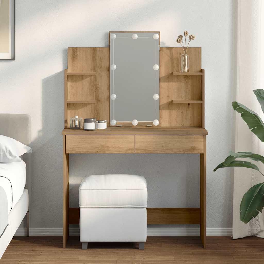 Makeupbord Med Led-Lys 96X40X142 Cm Etræsfarve - artisan eg