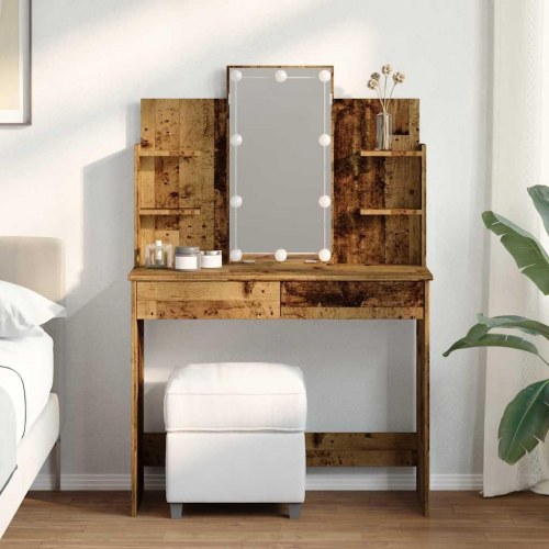 Makeupbord med LED-lys 96×40×142 cm - antikt trælook