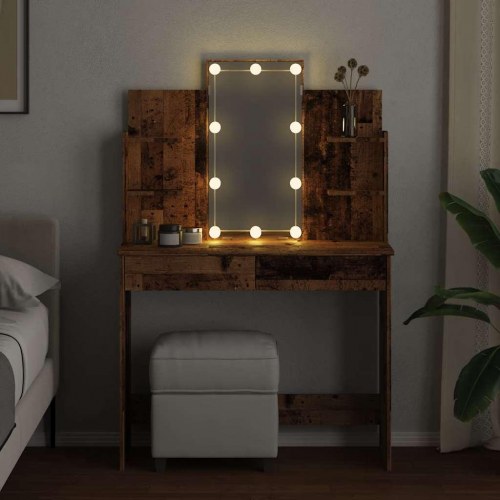 Makeupbord med LED-lys 96×40×142 cm - antikt trælook