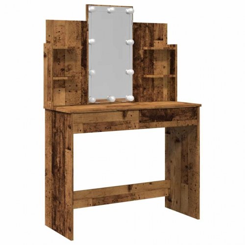 Makeupbord med LED-lys 96×40×142 cm - antikt trælook