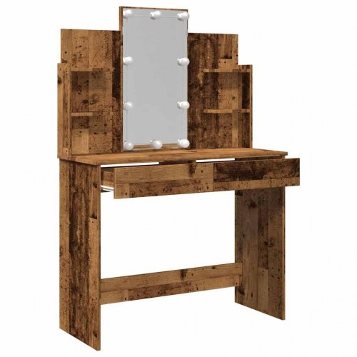 Makeupbord med LED-lys 96×40×142 cm - antikt trælook