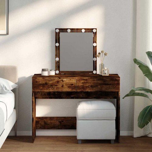 Makeupbord med LED-lys og spejl 100×40×130 cm - røget egetræsfarve