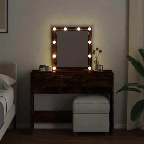 Makeupbord med LED-lys og spejl 100×40×130 cm - røget egetræsfarve