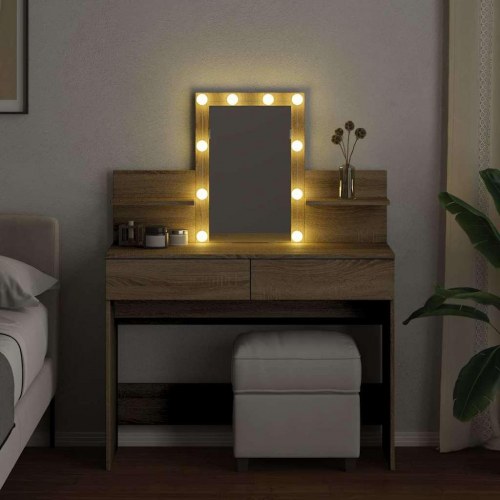 Makeupbord med LED-lys 100×40×130 cm - brun sonoma-eg