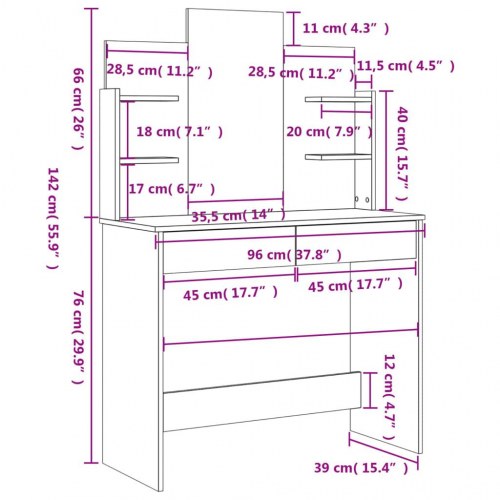 Makeupbord med spejl 96 x 39 x 142 cm - sonoma-eg