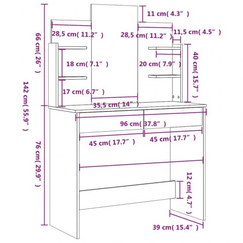 Makeupbord med spejl 96x39x142 cm hvid