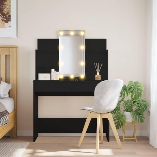 Makeupbord med LED-lys og spejl - 96×40×142 cm, sort