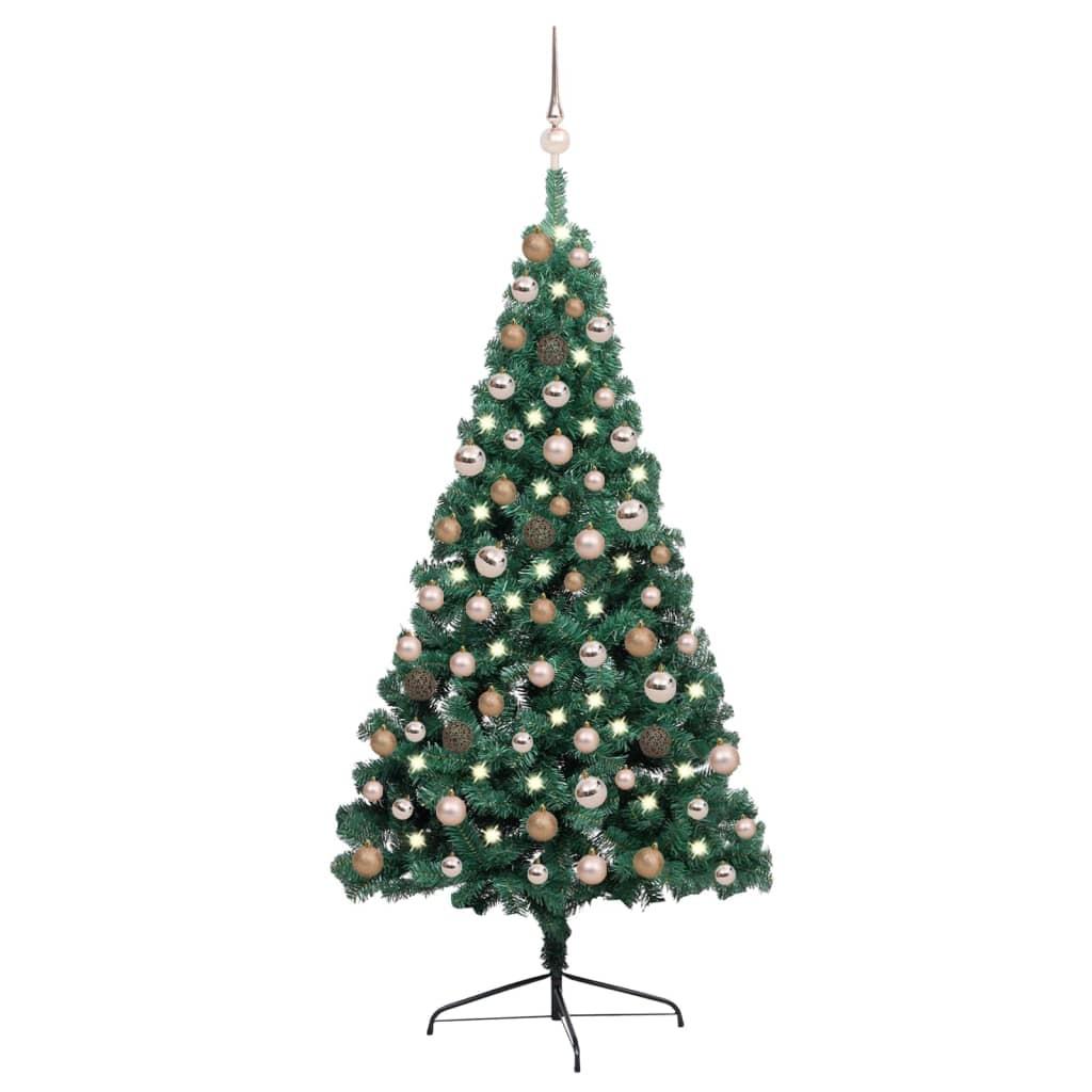 Billede af Kunstigt halvt juletræ med lys og kuglesæt 150 cm grøn