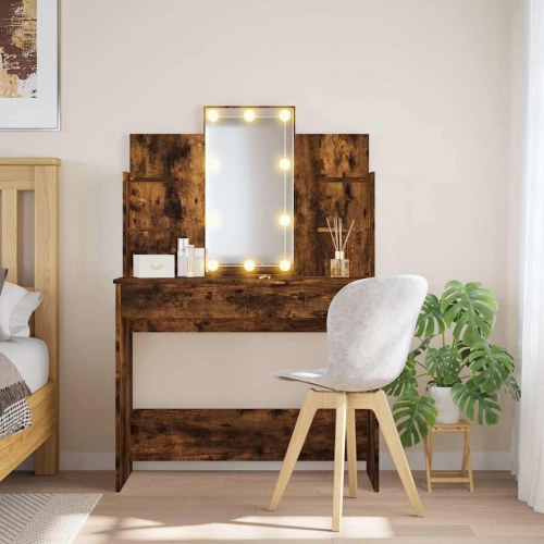 Makeupbord med LED-lys 96×40×142 cm - røget egetræsfarve