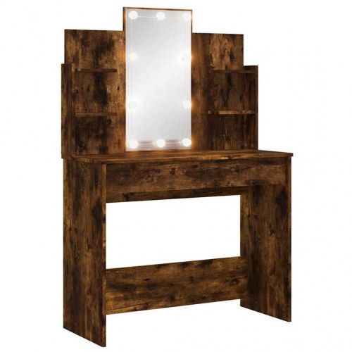 Makeupbord med LED-lys 96×40×142 cm - røget egetræsfarve