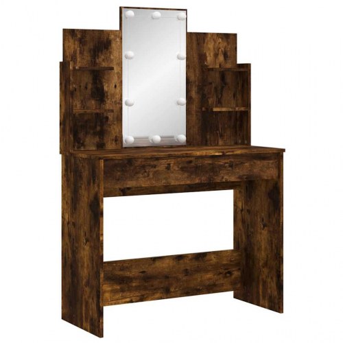 Makeupbord med LED-lys 96×40×142 cm - røget egetræsfarve