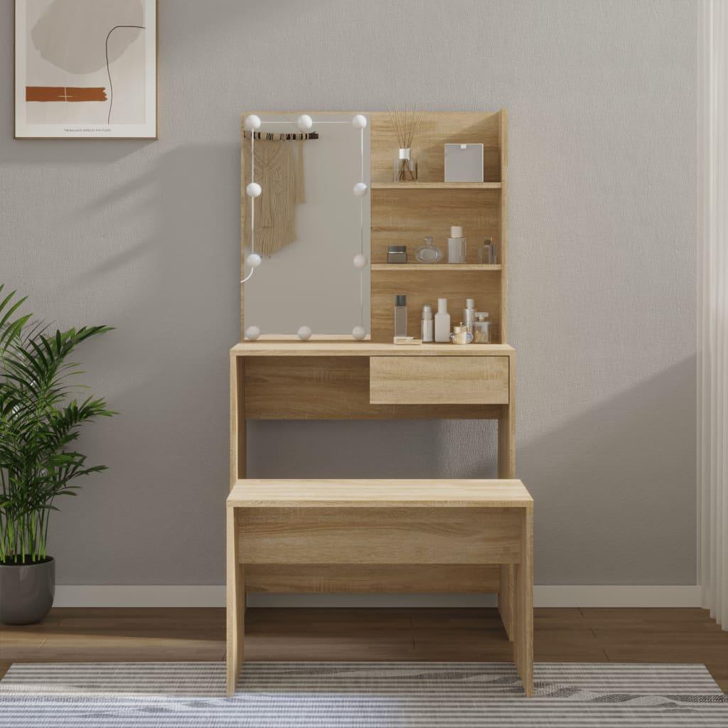 vidaXL makeupbordssæt med LED-lys konstrueret træ sonoma-eg