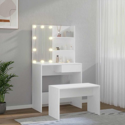 Makeupbordssæt med LED-lys konstrueret træ hvid