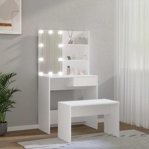 Makeupbordssæt med LED-lys konstrueret træ hvid