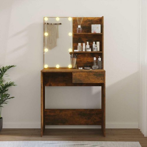 Makeupbord med LED-lys 74,5×40×141 cm - brun egetræsfarve