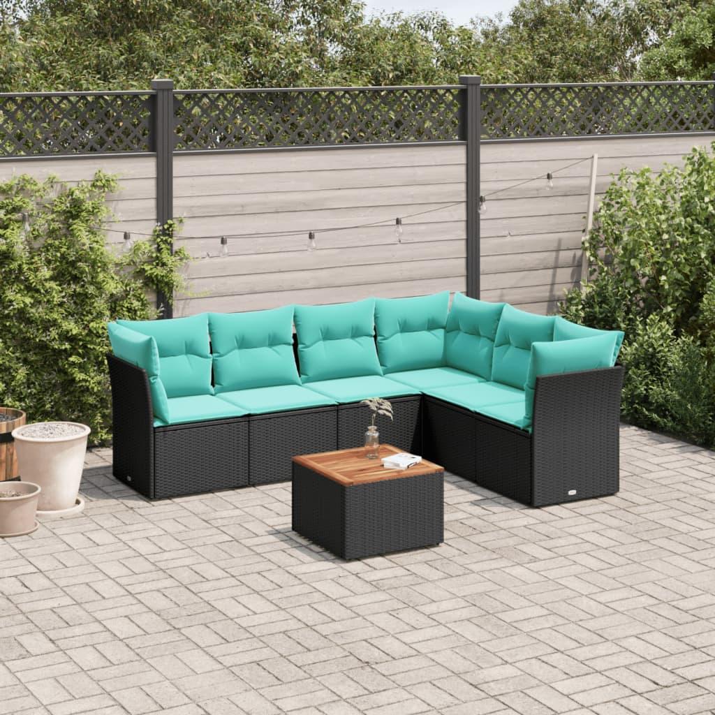 Havesofasæt i polyrattan - 7 dele med hynder og bord, sort/blå
