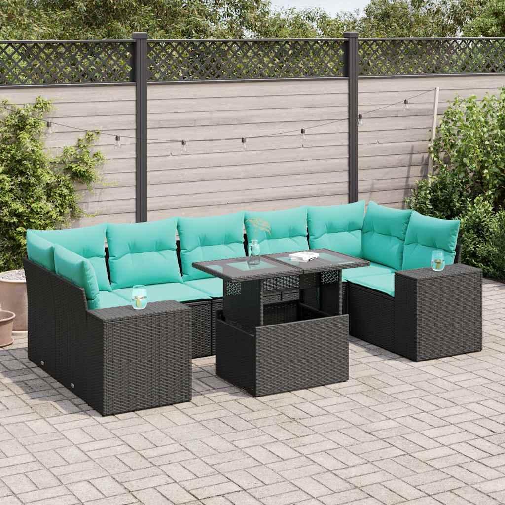 Sofasæt til haven 8 dele med hynder i polyrattan og akacietræ - sort/blå