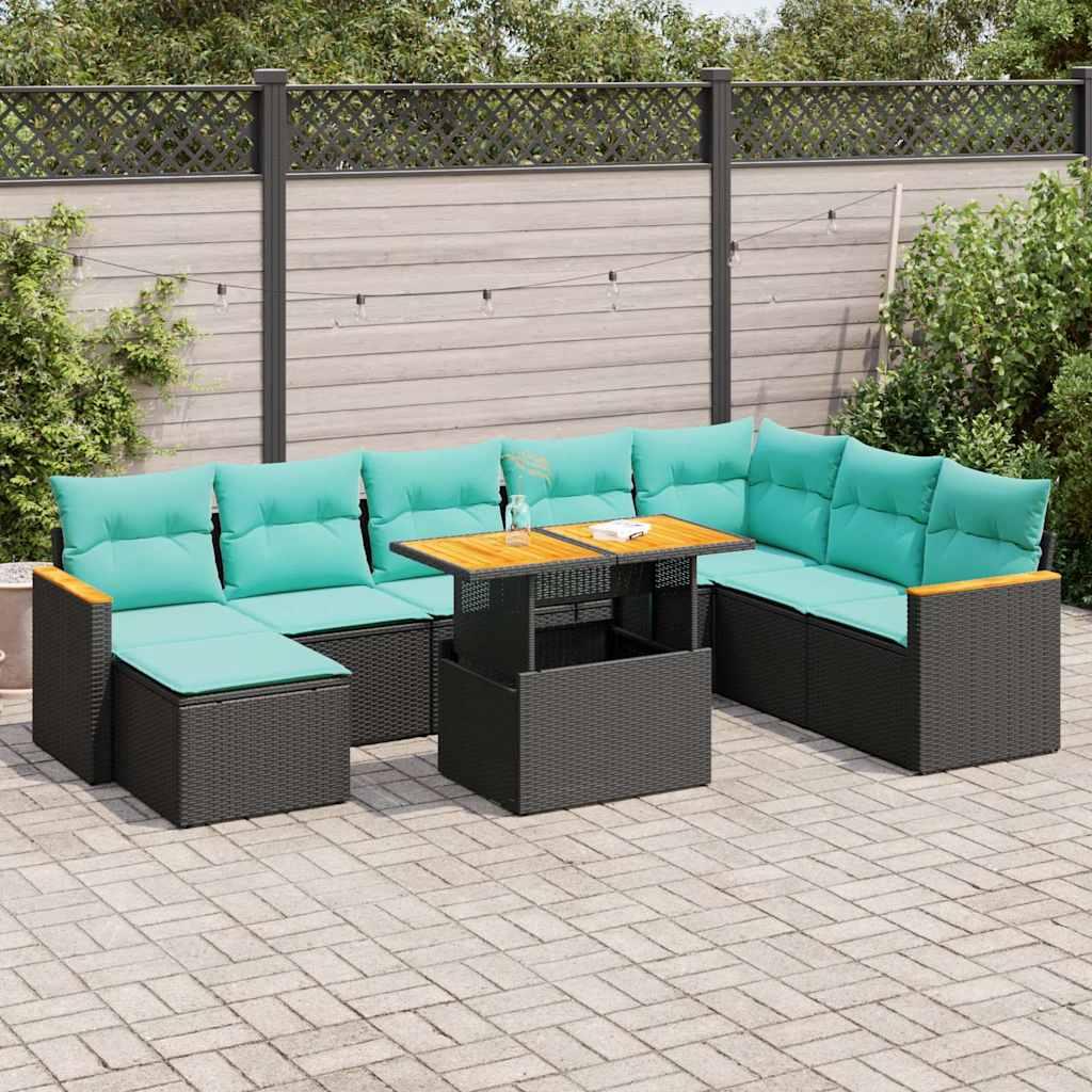 Sofasæt til haven i polyrattan - 9 dele med hynder, sort/blå