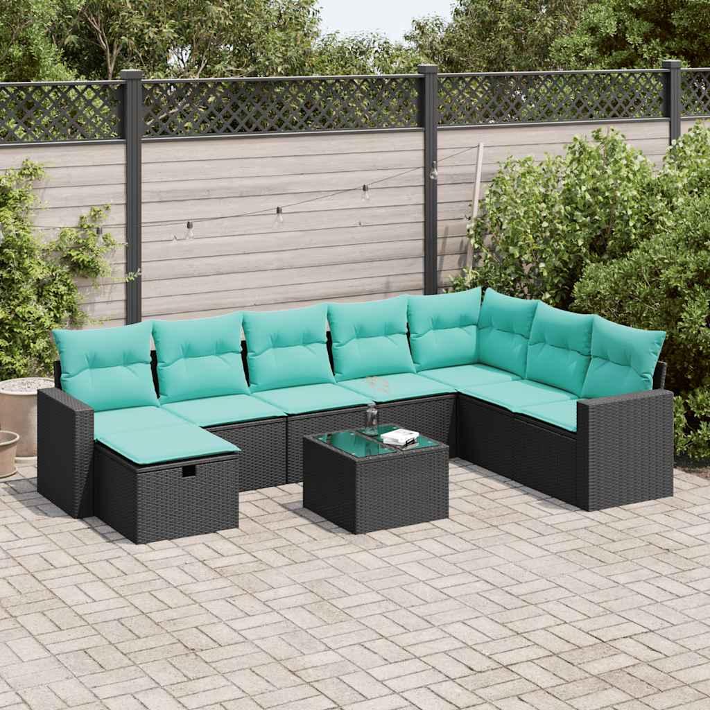 Sofasæt til haven i polyrattan - 9 dele med hynder, sort/blå