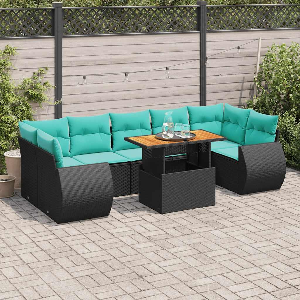 Havesofasæt i polyrattan - 8 dele med hynder, sort/blå
